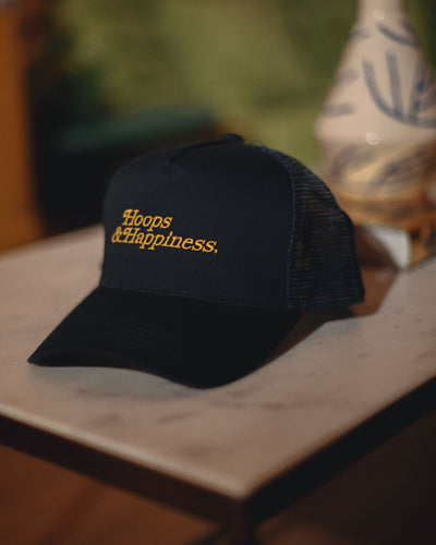 HOOPS & HAPPINESS MESH TRUCKER CAP - NAVY/ATHLETIC GOLD Hats RUDE VOGUE