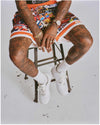 MESH MAGAZINE COLLAGE VARSITY SHORT - ORANGE/WHITE Retro Basketball Swim Short Rude Vogue