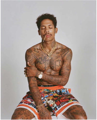 MESH MAGAZINE COLLAGE VARSITY SHORT - ORANGE/WHITE Retro Basketball Swim Short Rude Vogue